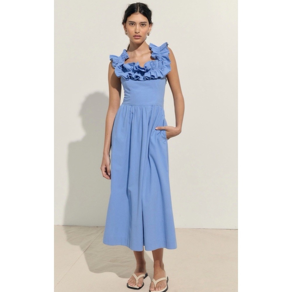 Free People Ruffle It Up Midi Dress‎ Tie Back 100% Cotton Boho Size M Blue